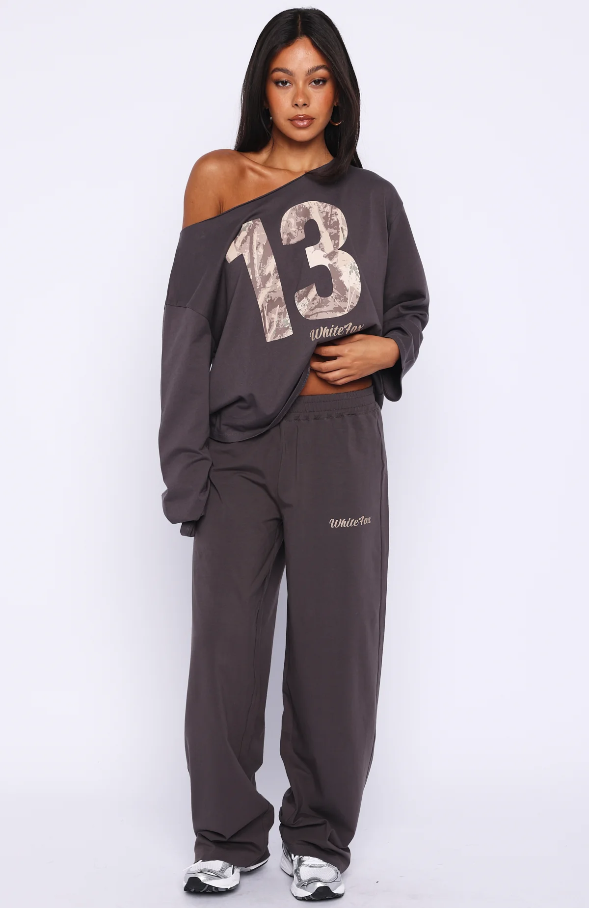All A Dream Off Shoulder Oversized Long Sleeve Tee Charcoal - Image 5