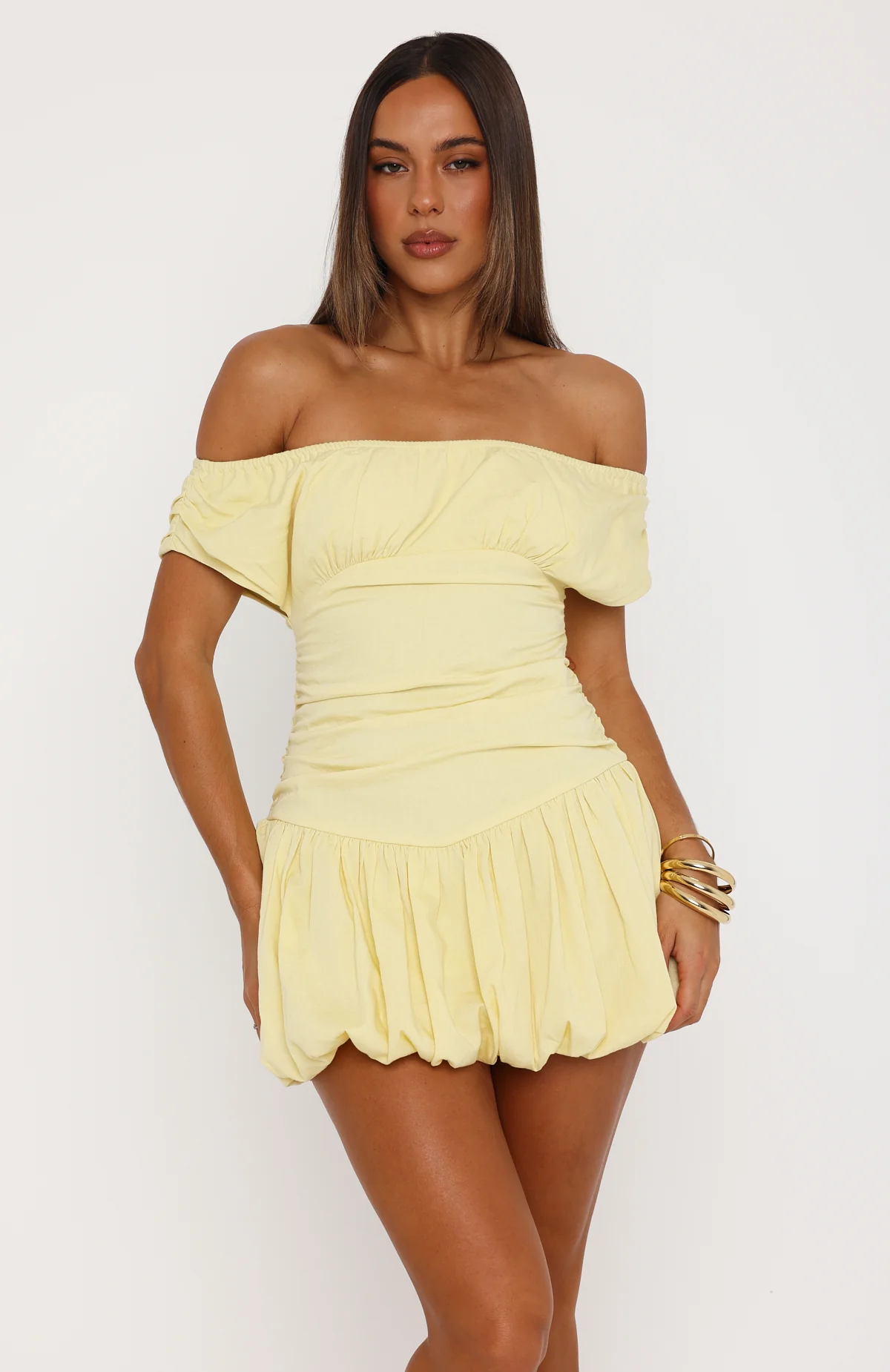Dare Me Darling Off Shoulder Mini Dress Lemon - Image 3