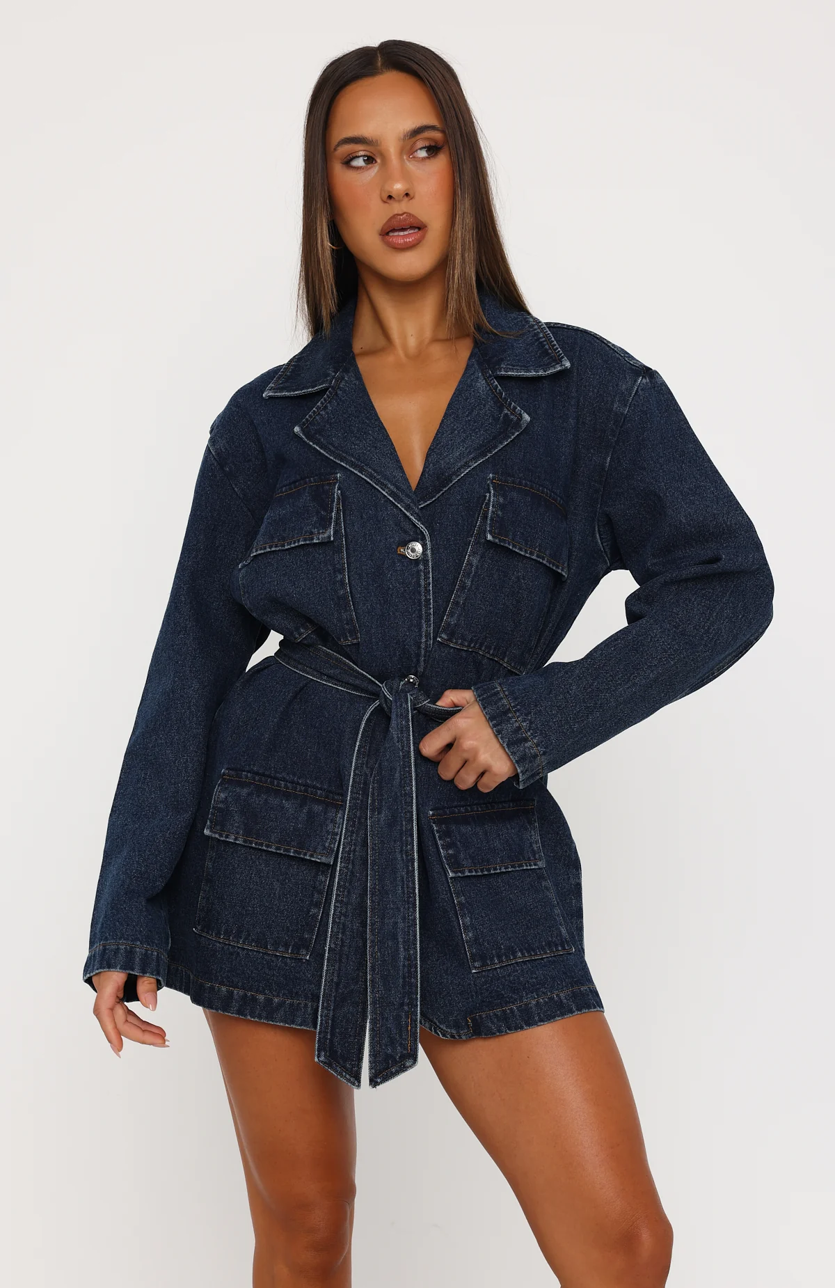 Freefall Romance Long Sleeve Denim Dress Dark Blue - Image 2