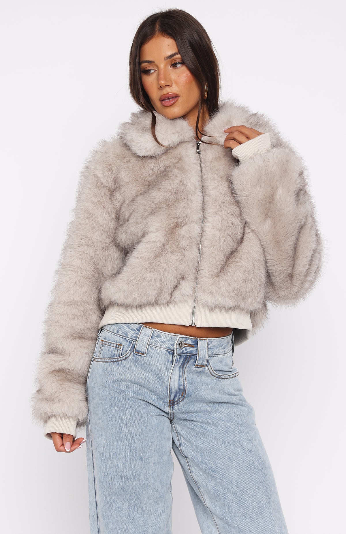 Glacial Chic Faux Fur Bomber Jacket Smokey Taupe - Image 3