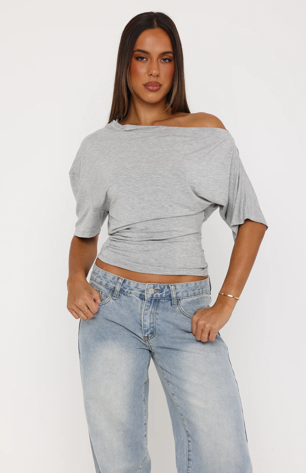 Hype Girl Cinched Waist Off Shoulder Top Grey Marle - Image 2