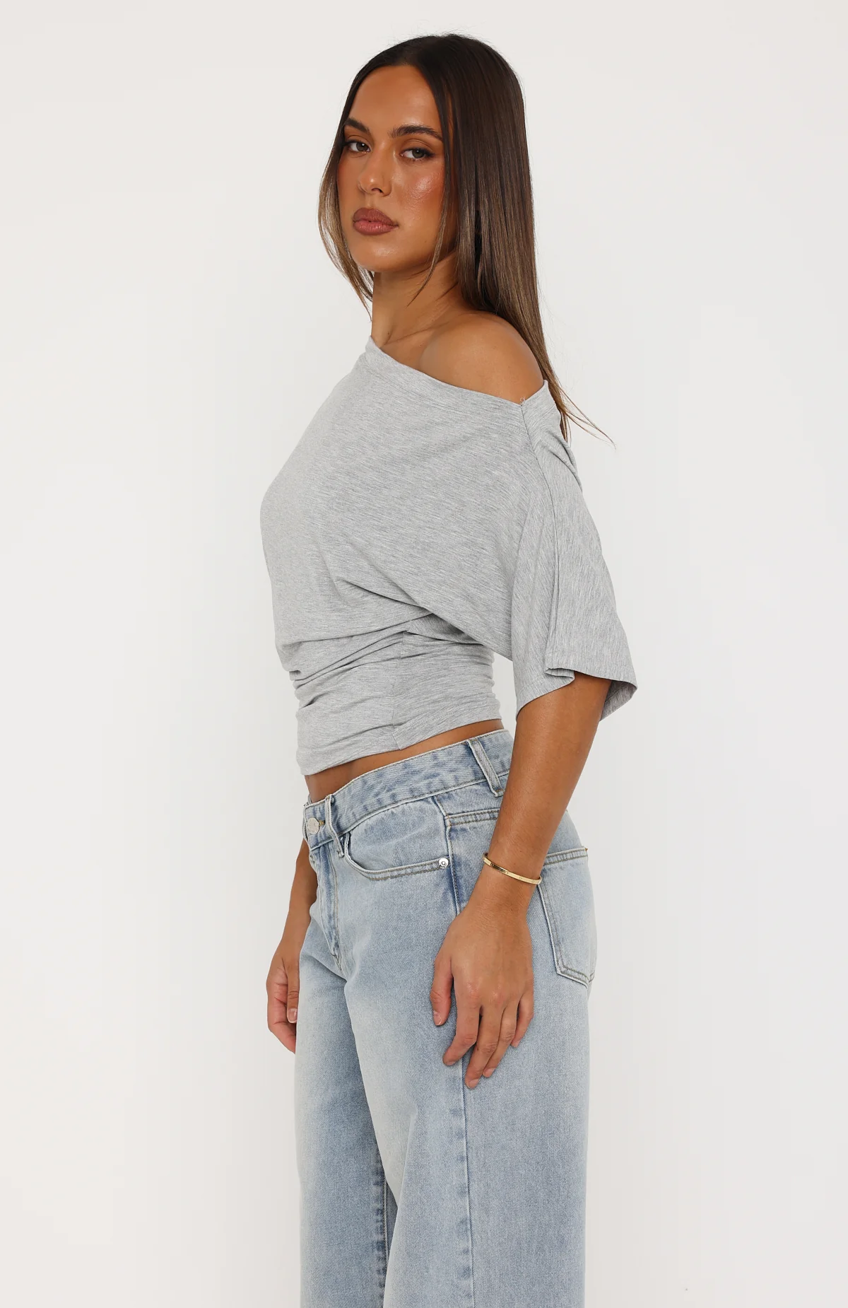 Hype Girl Cinched Waist Off Shoulder Top Grey Marle - Image 3