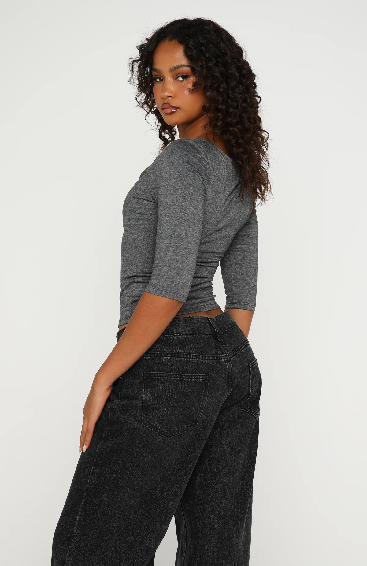 Little Bit Of Everything 3/4 Sleeve V Neck Top Charcoal Marle - Image 5