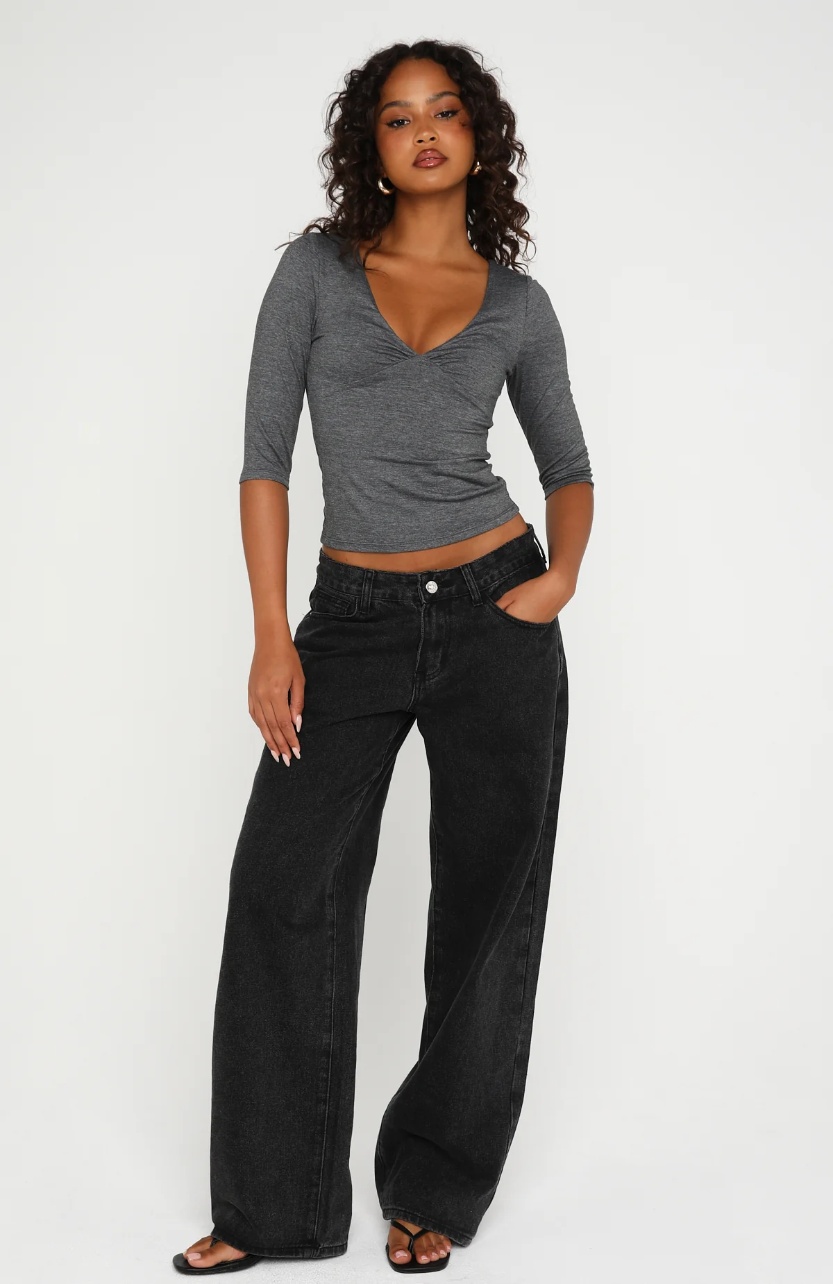 Little Bit Of Everything 3/4 Sleeve V Neck Top Charcoal Marle - Image 6