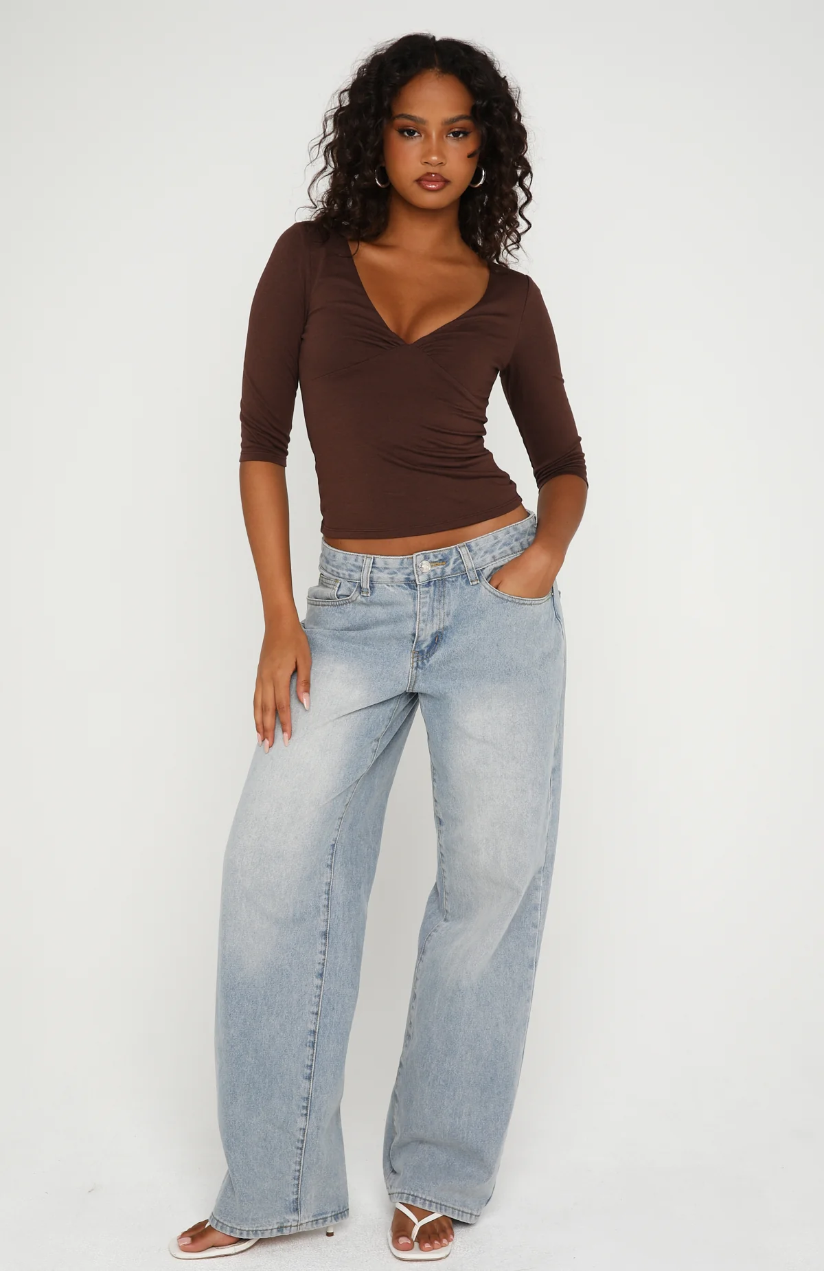 Little Bit Of Everything 3/4 Sleeve V Neck Top Chocolate - Image 5