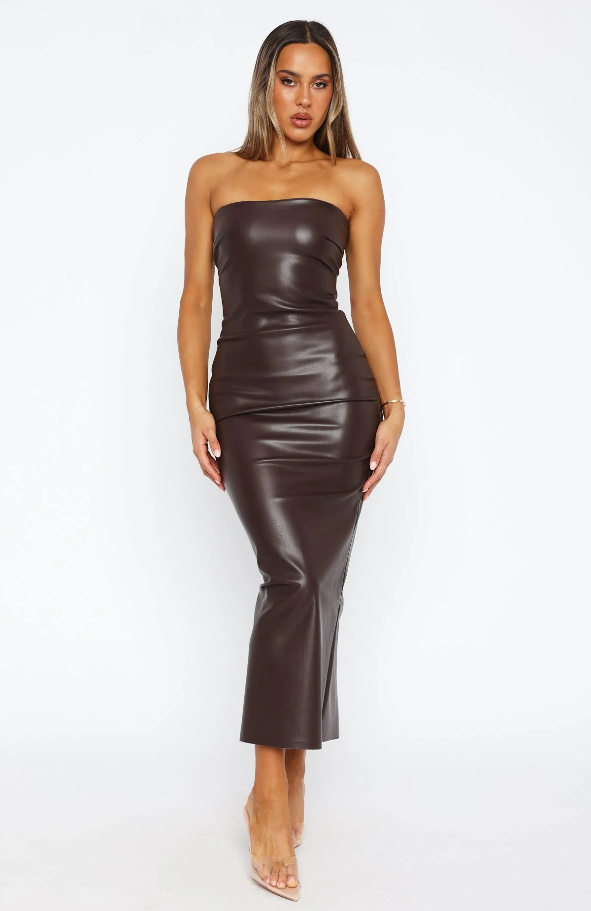Love Is Gone PU Maxi Dress Chocolate - Image 2