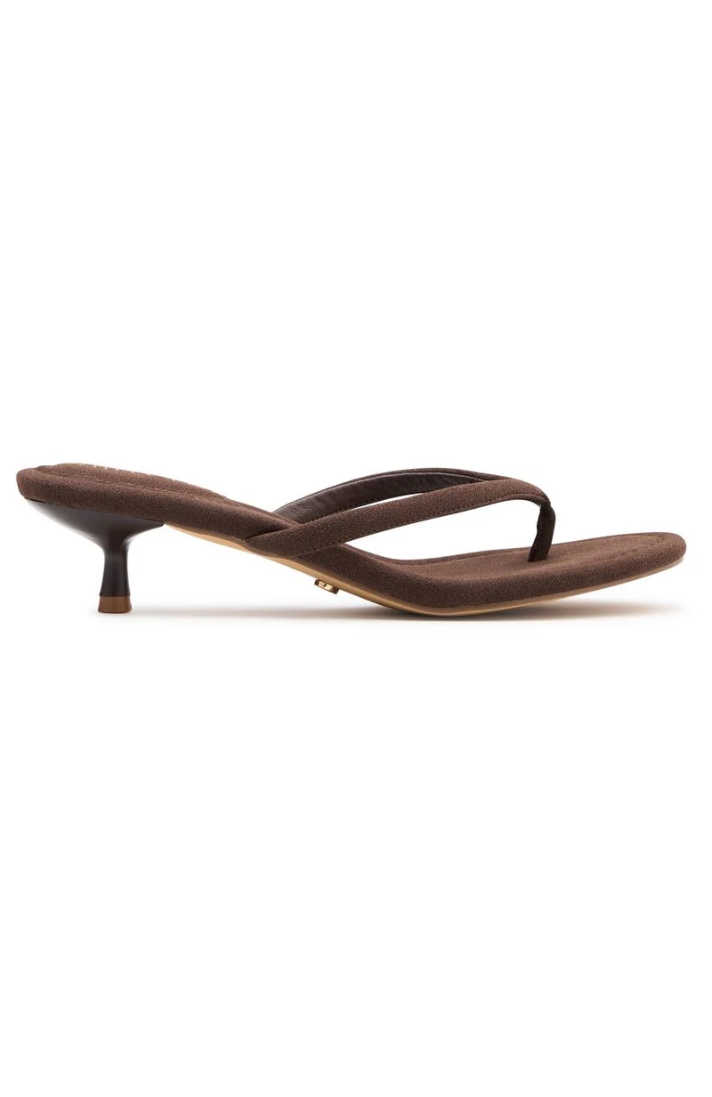 Orion Thong Kitten Mules Chocolate Faux Suede - Image 3