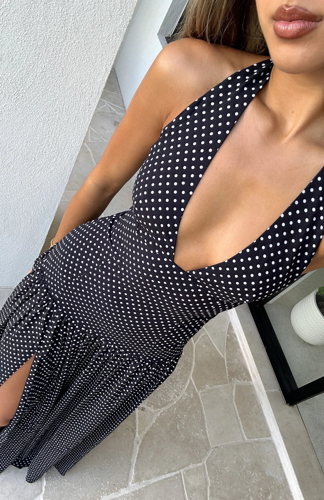 Sweet Temptation Halter Maxi Dress Black/ White Polka Dot - Image 6