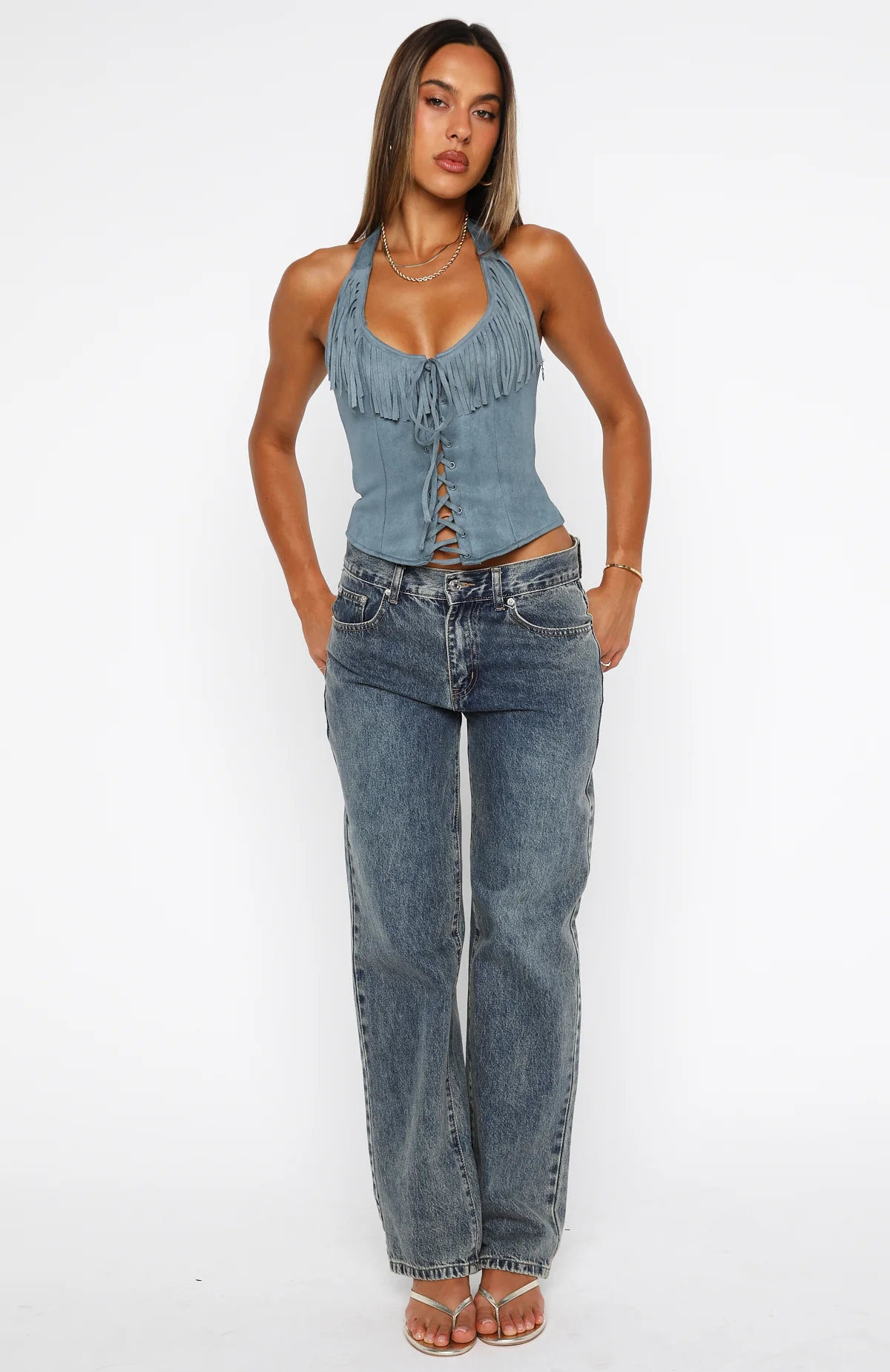 Truth In The Lie Faux Suede Bustier Steel Blue - Image 5