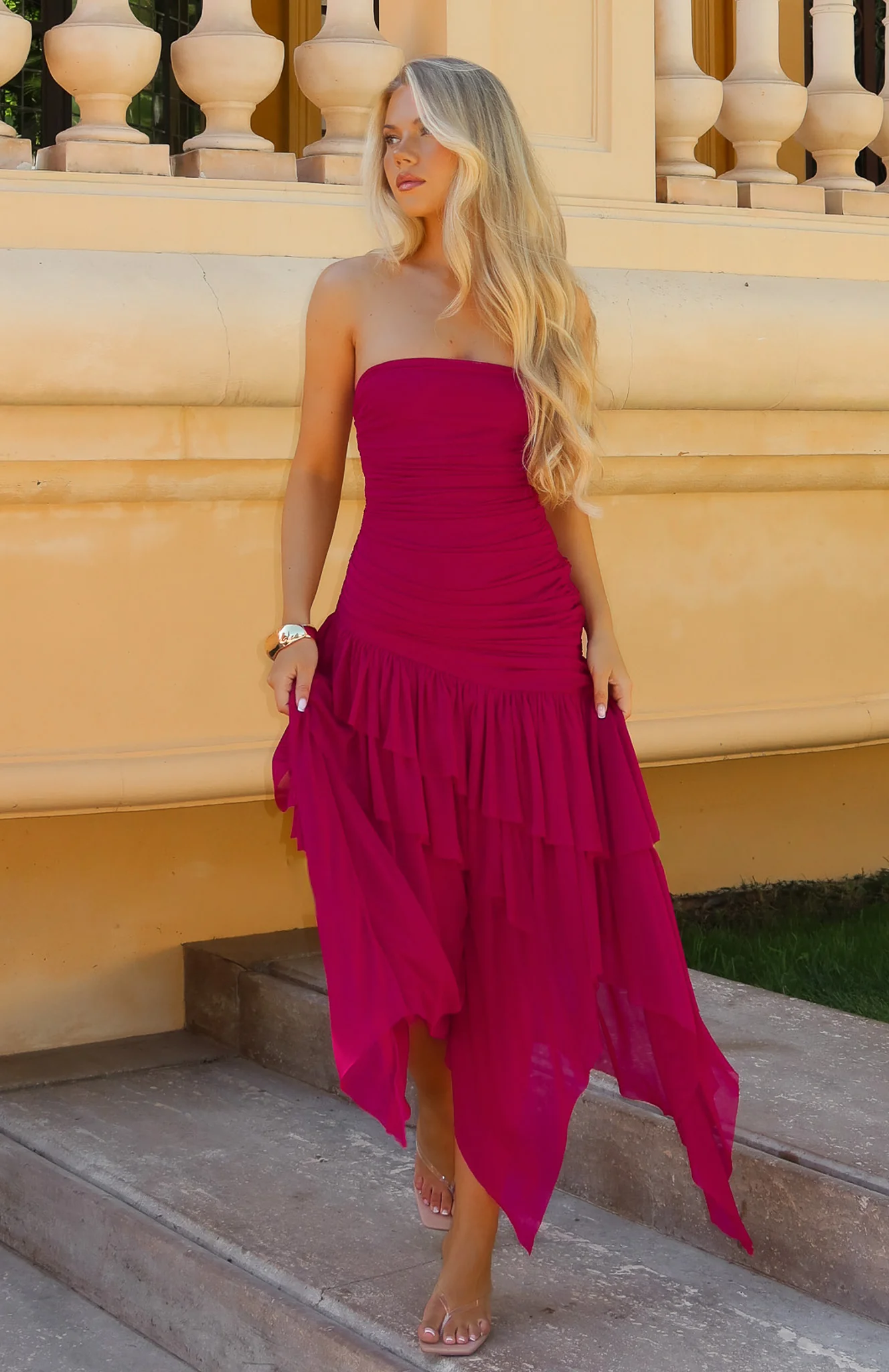 Venetian Dreams Strapless Midi Dress Dragonfruit - Image 7